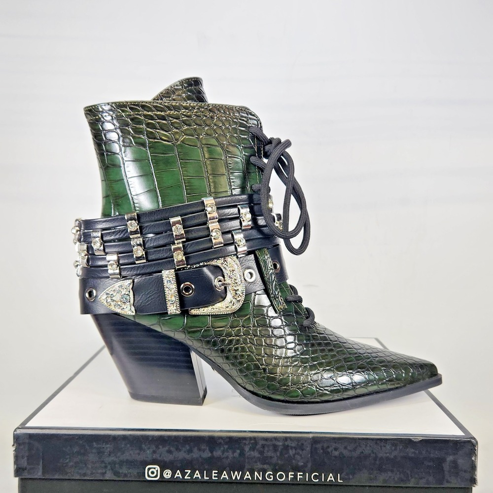 Azalea Wang Bootie Women Size 7 Green Croc Embossed Western Buckle Harness Heel